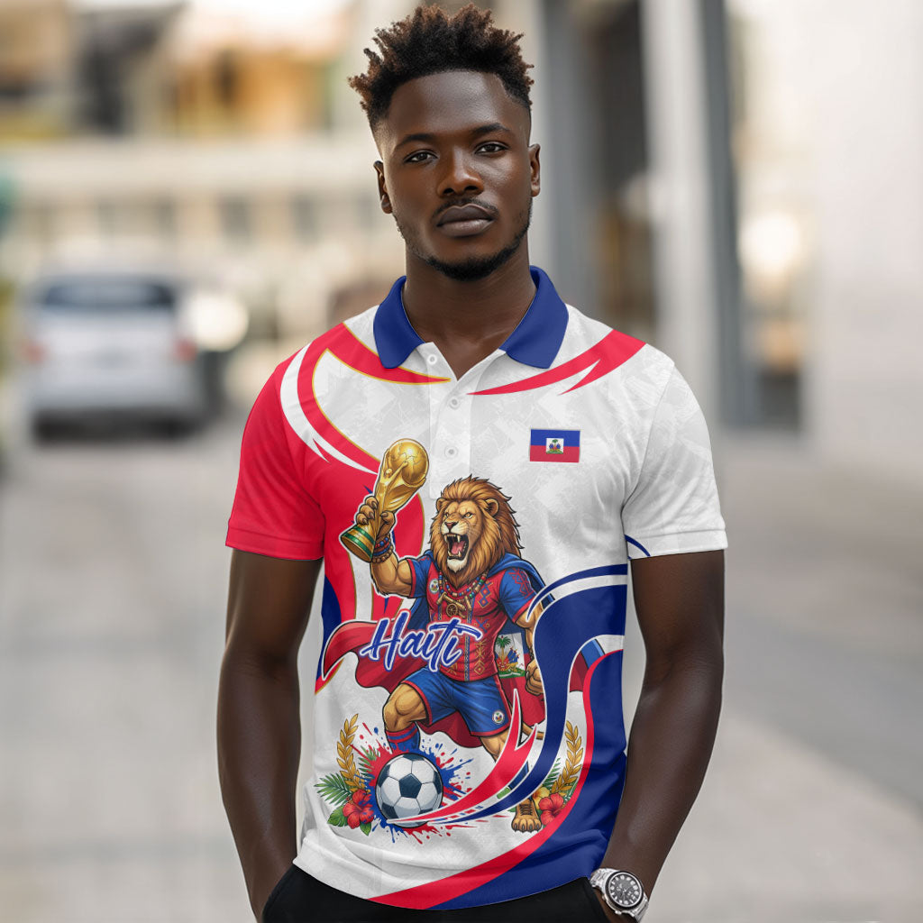 Personalized Haiti Football Champions Polo Shirt Roaring Lion Soccer Mascot With Haiti Trophy Flag