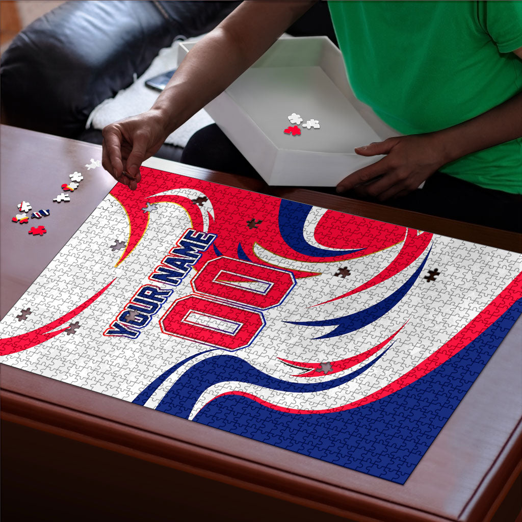 Personalized Haiti Football Champions Puzzle Roaring Lion Soccer Mascot With Haiti Trophy Flag
