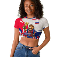 Personalized Haiti Football Champions Raglan Cropped T shirt Roaring Lion Soccer Mascot With Haiti Trophy Flag