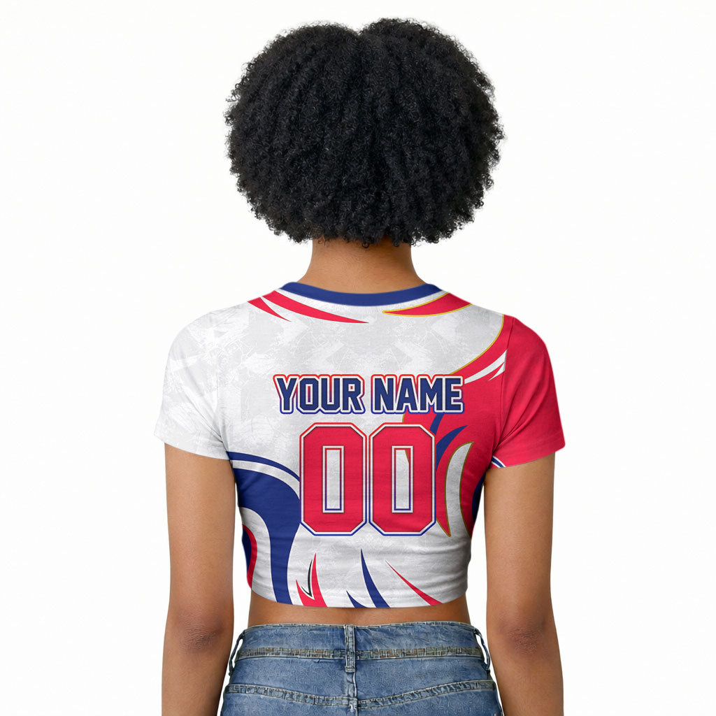 Personalized Haiti Football Champions Raglan Cropped T shirt Roaring Lion Soccer Mascot With Haiti Trophy Flag