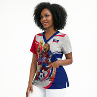 Personalized Haiti Football Champions Scrub Top Roaring Lion Soccer Mascot With Haiti Trophy Flag