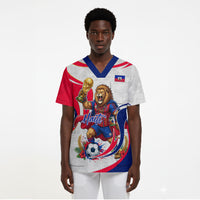 Personalized Haiti Football Champions Scrub Top Roaring Lion Soccer Mascot With Haiti Trophy Flag