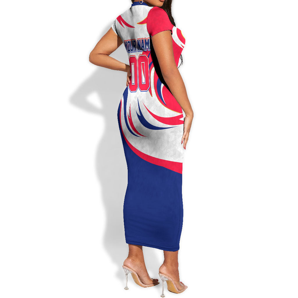 Personalized Haiti Football Champions Short Sleeve Bodycon Dress Roaring Lion Soccer Mascot With Haiti Trophy Flag