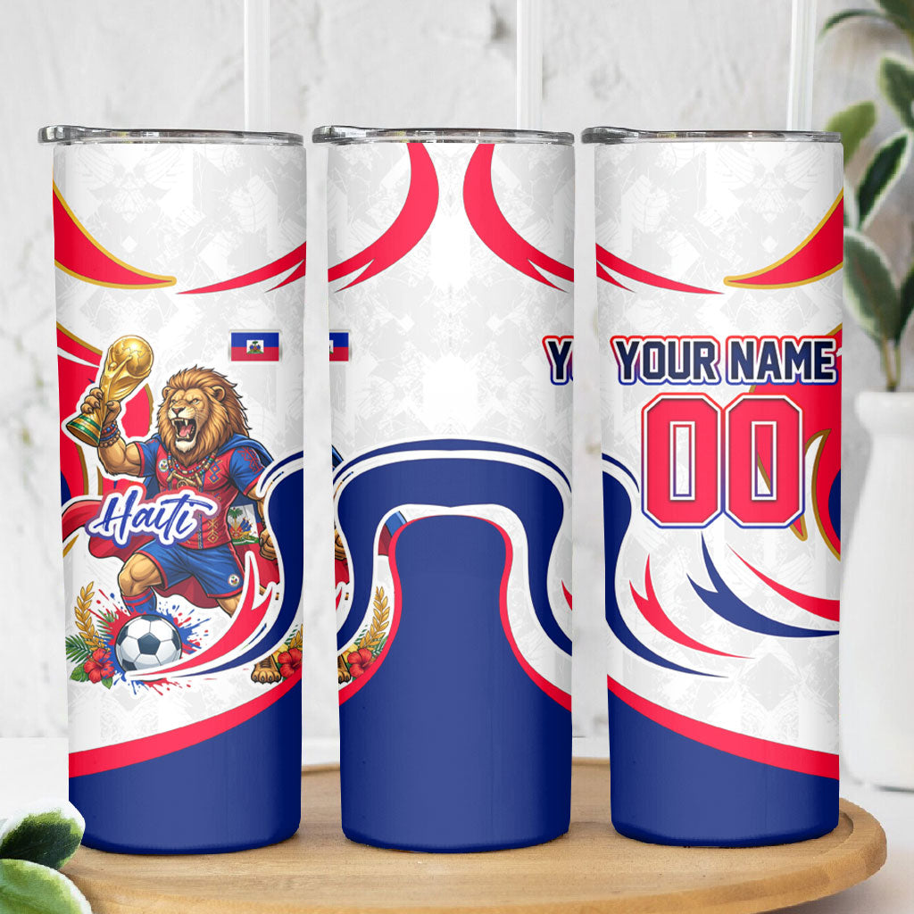 Personalized Haiti Football Champions Skinny Tumbler Roaring Lion Soccer Mascot With Haiti Trophy Flag