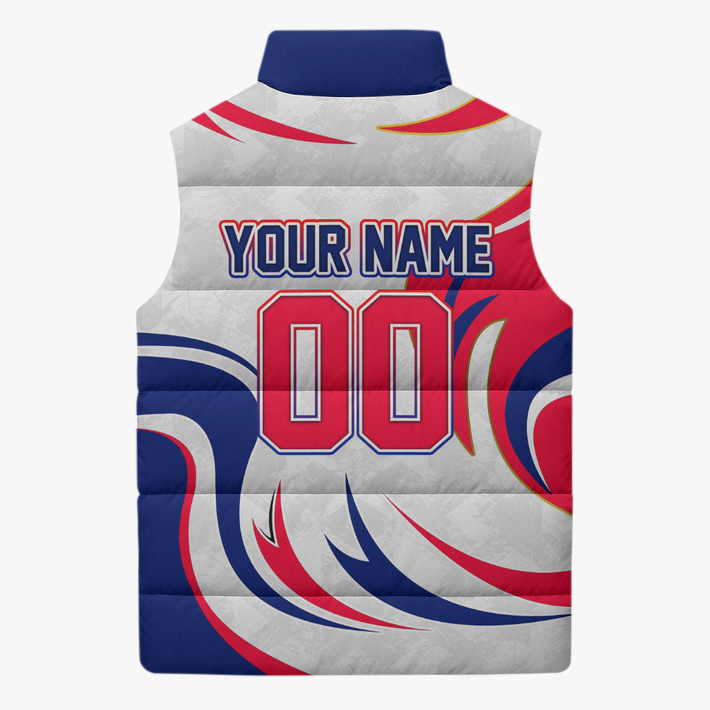 Personalized Haiti Football Champions Sleeveless Puffer Jacket Roaring Lion Soccer Mascot With Haiti Trophy Flag