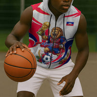 Personalized Haiti Football Champions Sleeveless Zip Hoodie Roaring Lion Soccer Mascot With Haiti Trophy Flag