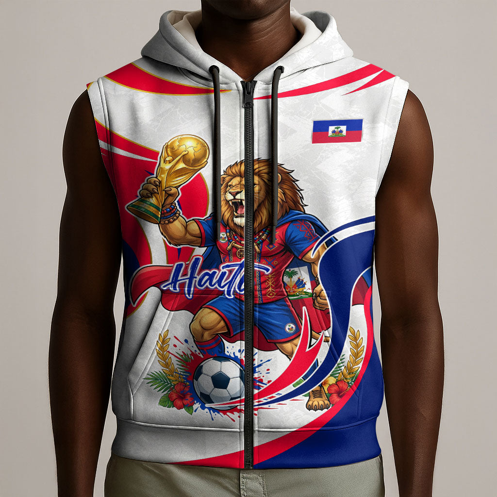Personalized Haiti Football Champions Sleeveless Zip Hoodie Roaring Lion Soccer Mascot With Haiti Trophy Flag