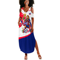 Personalized Haiti Football Champions Summer Maxi Dress Roaring Lion Soccer Mascot With Haiti Trophy Flag