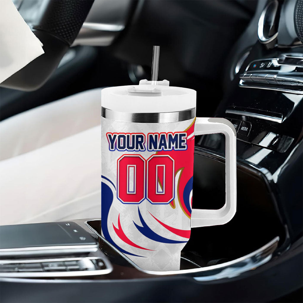 Personalized Haiti Football Champions Tumbler With Handle Roaring Lion Soccer Mascot With Haiti Trophy Flag