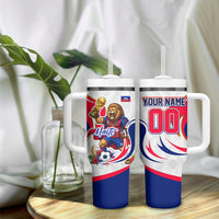 Personalized Haiti Football Champions Tumbler With Handle Roaring Lion Soccer Mascot With Haiti Trophy Flag
