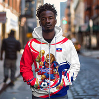 Personalized Haiti Football Champions Zip Hoodie Roaring Lion Soccer Mascot With Haiti Trophy Flag