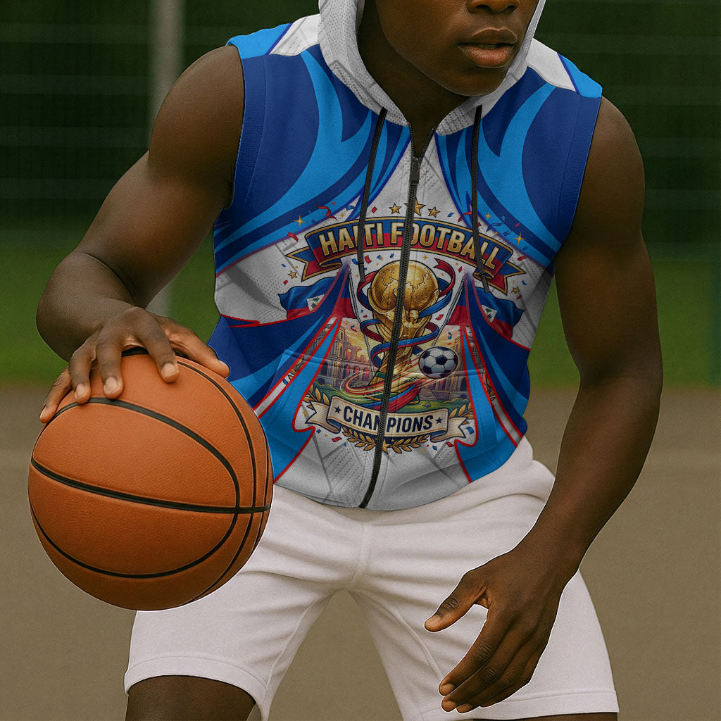 Personalized Haiti Football Champions Sleeveless Zip Hoodie World Soccer Winning Trophy 2026