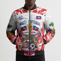 Custom Haiti Football Champions Bomber Puffer Jacket Haitian Soccer Fan - Tanbou Drums Tropical Flowers