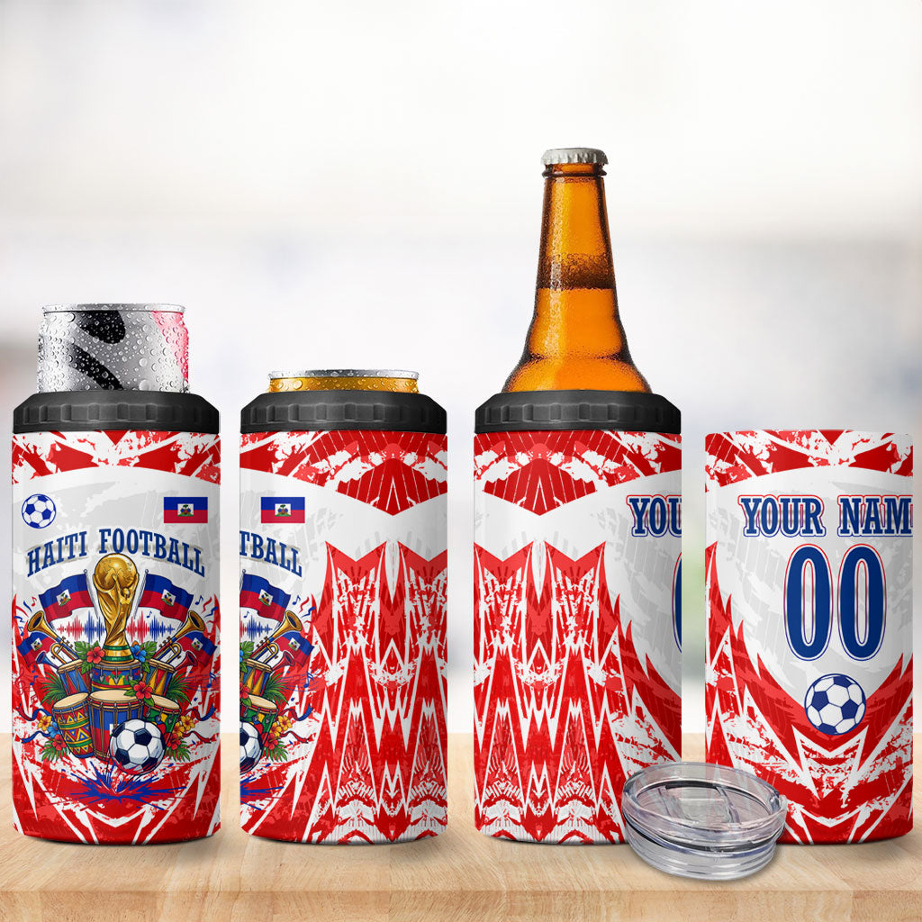 Custom Haiti Football Champions 4 in 1 Can Cooler Tumbler Haitian Soccer Fan - Tanbou Drums Tropical Flowers