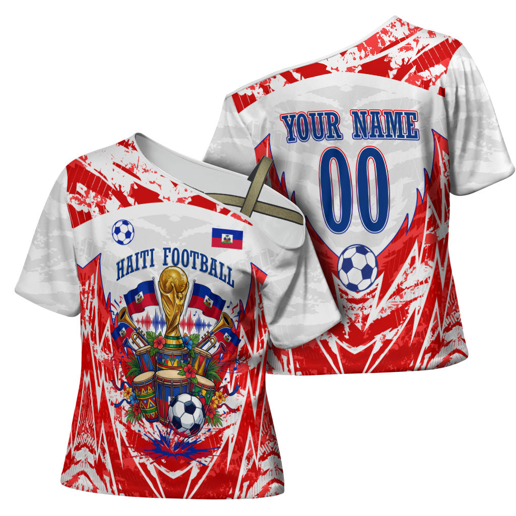 Custom Haiti Football Champions Cross Shoulder Shirt Haitian Soccer Fan - Tanbou Drums Tropical Flowers