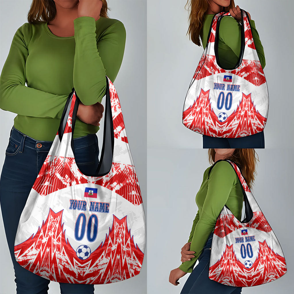 Custom Haiti Football Champions Grocery Bag Haitian Soccer Fan - Tanbou Drums Tropical Flowers