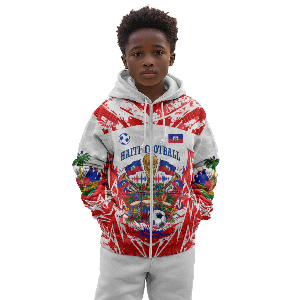 Custom Haiti Football Champions Kid Hoodie Haitian Soccer Fan - Tanbou Drums Tropical Flowers
