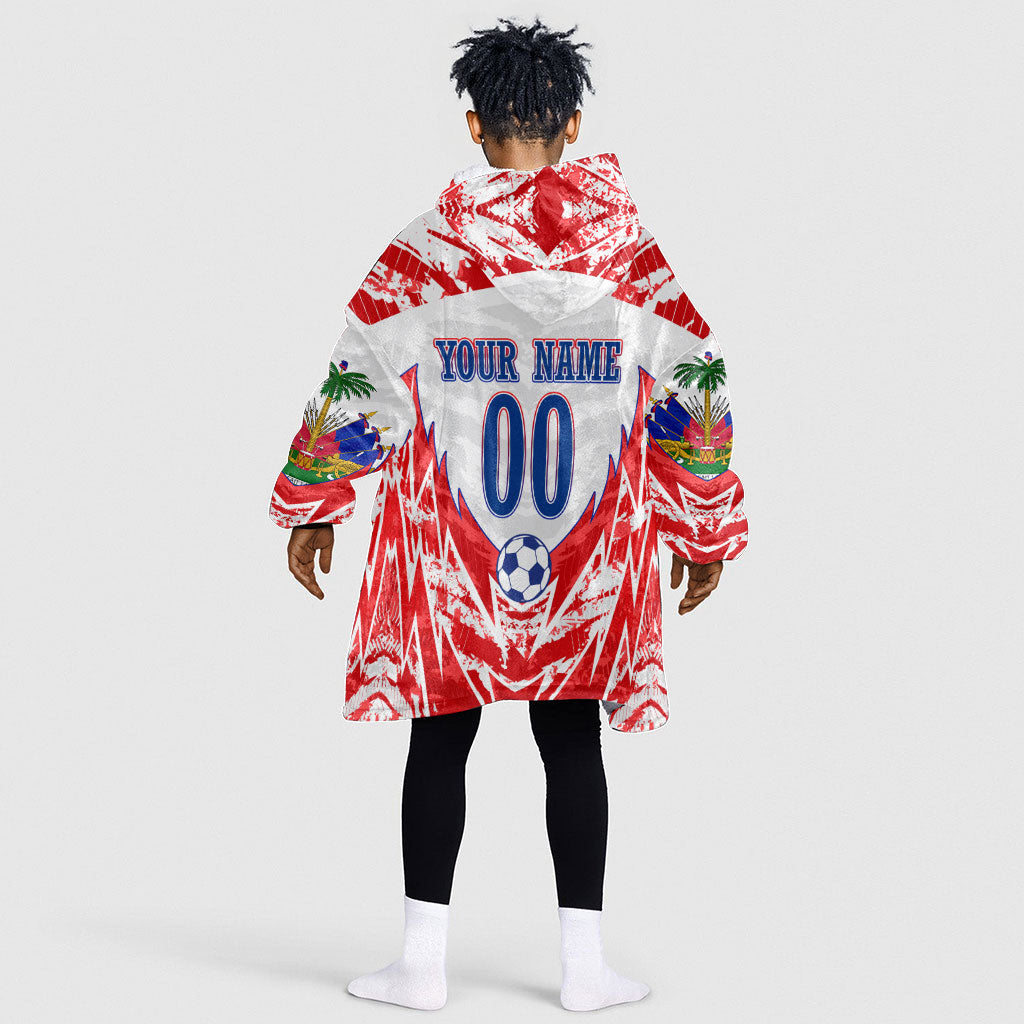 Custom Haiti Football Champions Kid Wearable Blanket Hoodie Haitian Soccer Fan - Tanbou Drums Tropical Flowers
