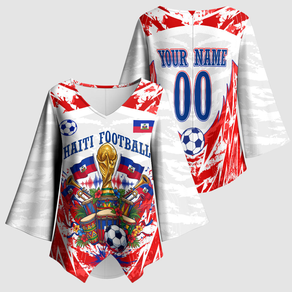 Custom Haiti Football Champions Kimono Sleeve Blouse Haitian Soccer Fan - Tanbou Drums Tropical Flowers