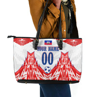 Custom Haiti Football Champions Leather Tote Bag Haitian Soccer Fan - Tanbou Drums Tropical Flowers