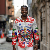 Custom Haiti Football Champions Long Sleeve Button Shirt Haitian Soccer Fan - Tanbou Drums Tropical Flowers