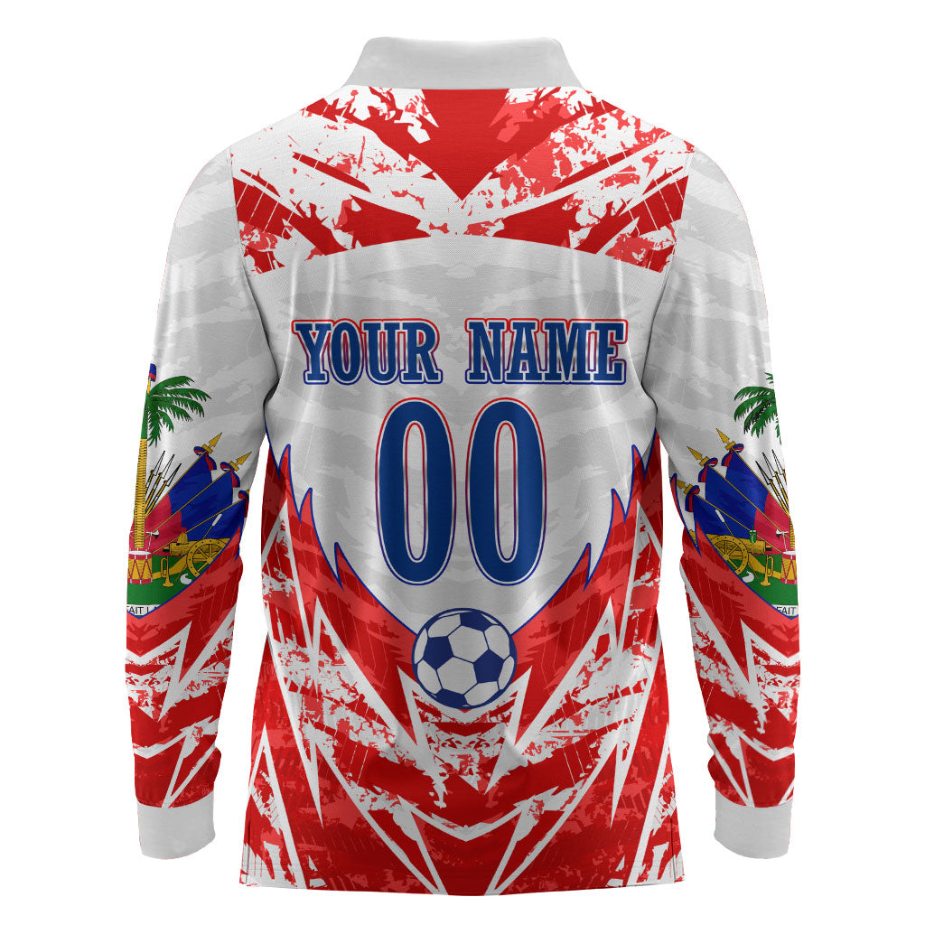 Custom Haiti Football Champions Long Sleeve Polo Shirt Haitian Soccer Fan - Tanbou Drums Tropical Flowers