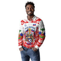 Custom Haiti Football Champions Long Sleeve Polo Shirt Haitian Soccer Fan - Tanbou Drums Tropical Flowers