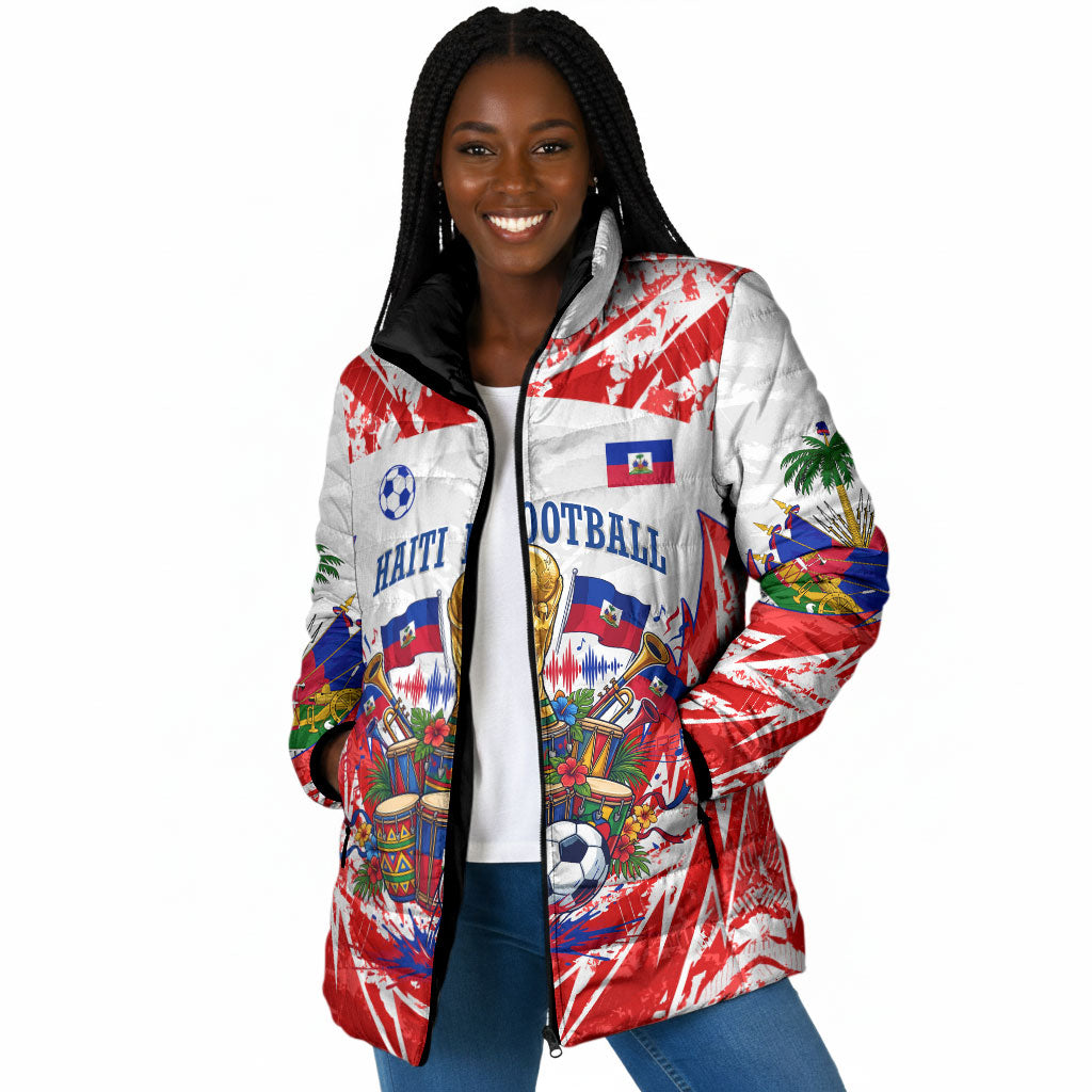 Custom Haiti Football Champions Padded Jacket Haitian Soccer Fan - Tanbou Drums Tropical Flowers