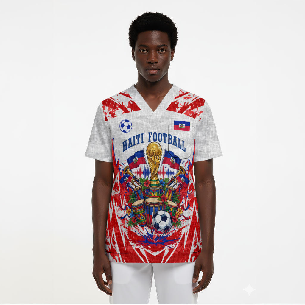 Custom Haiti Football Champions Scrub Top Haitian Soccer Fan - Tanbou Drums Tropical Flowers