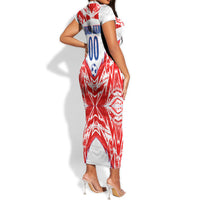 Custom Haiti Football Champions Short Sleeve Bodycon Dress Haitian Soccer Fan - Tanbou Drums Tropical Flowers