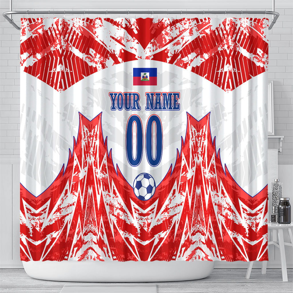 Custom Haiti Football Champions Shower Curtain Haitian Soccer Fan - Tanbou Drums Tropical Flowers