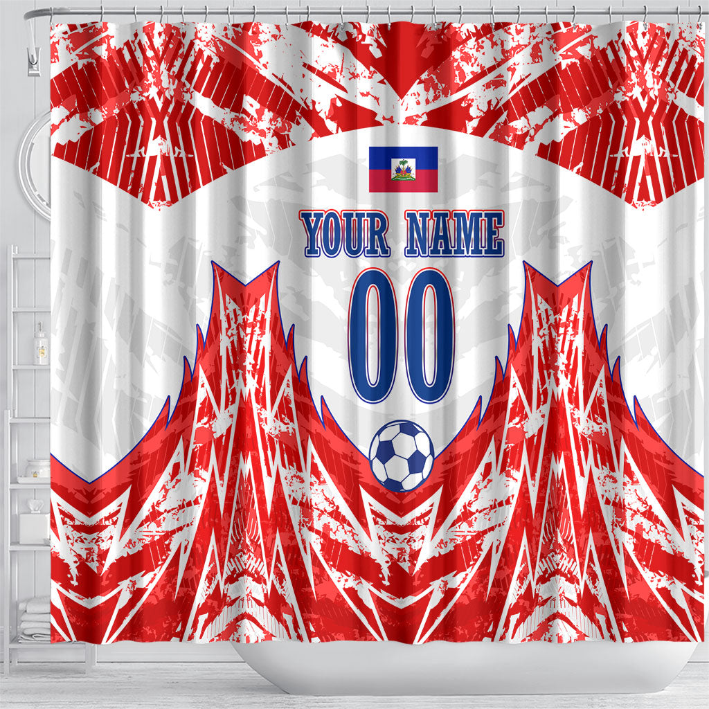 Custom Haiti Football Champions Shower Curtain Haitian Soccer Fan - Tanbou Drums Tropical Flowers