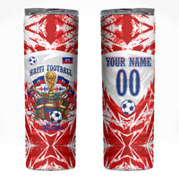 Custom Haiti Football Champions Skinny Tumbler Haitian Soccer Fan - Tanbou Drums Tropical Flowers