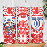 Custom Haiti Football Champions Skinny Tumbler Haitian Soccer Fan - Tanbou Drums Tropical Flowers