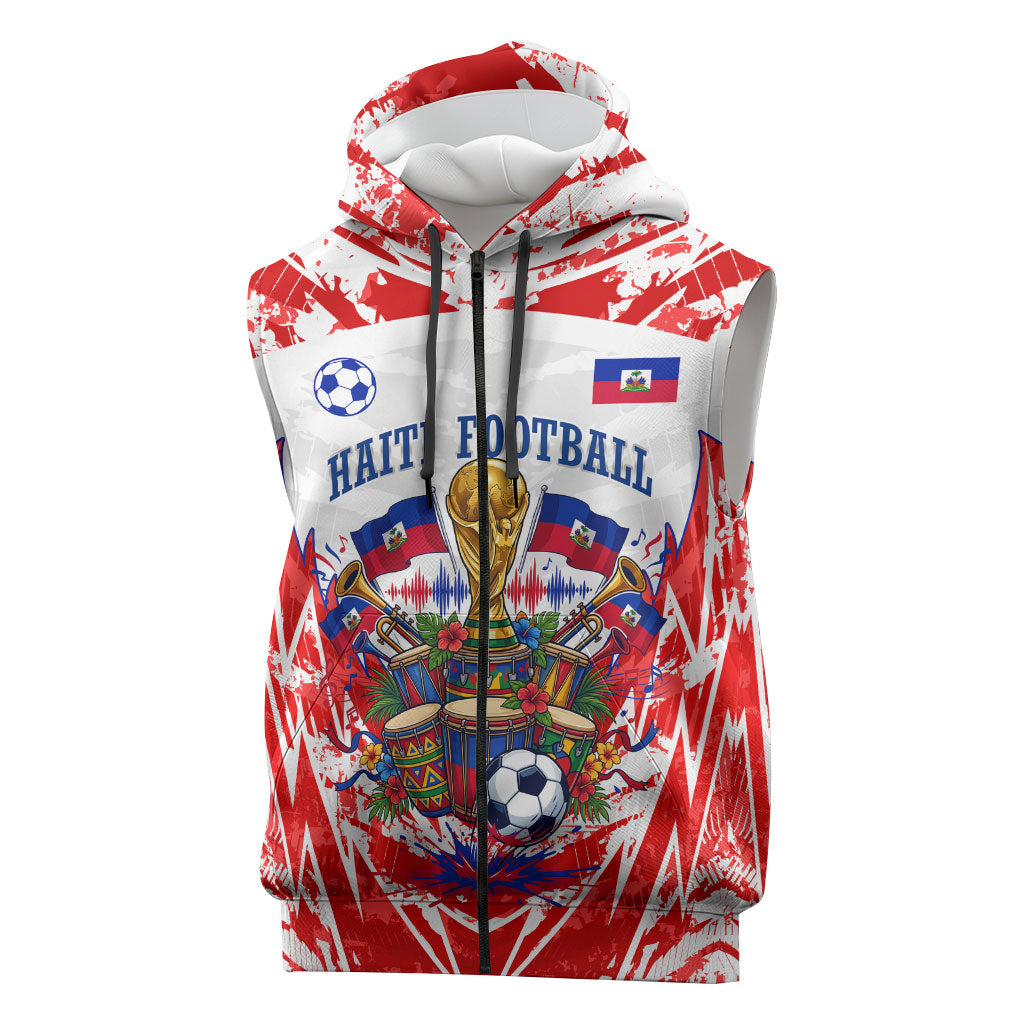 Custom Haiti Football Champions Sleeveless Zip Hoodie Haitian Soccer Fan - Tanbou Drums Tropical Flowers