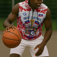 Custom Haiti Football Champions Sleeveless Zip Hoodie Haitian Soccer Fan - Tanbou Drums Tropical Flowers