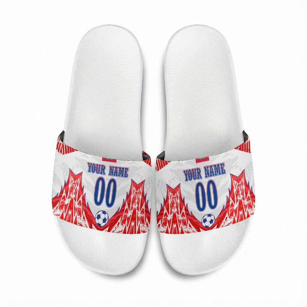Custom Haiti Football Champions Slide Sandals Haitian Soccer Fan - Tanbou Drums Tropical Flowers
