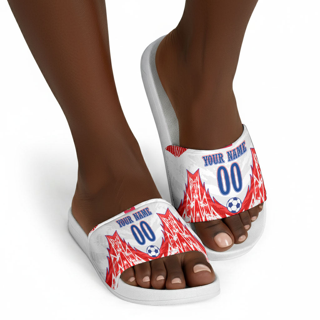 Custom Haiti Football Champions Slide Sandals Haitian Soccer Fan - Tanbou Drums Tropical Flowers
