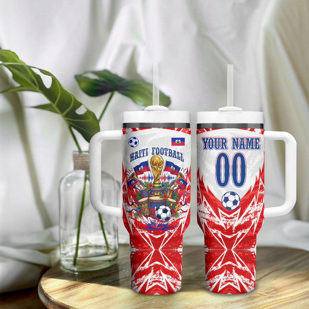 Custom Haiti Football Champions Tumbler With Handle Haitian Soccer Fan - Tanbou Drums Tropical Flowers