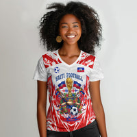 Custom Haiti Football Champions Women V-Neck T-Shirt Haitian Soccer Fan - Tanbou Drums Tropical Flowers