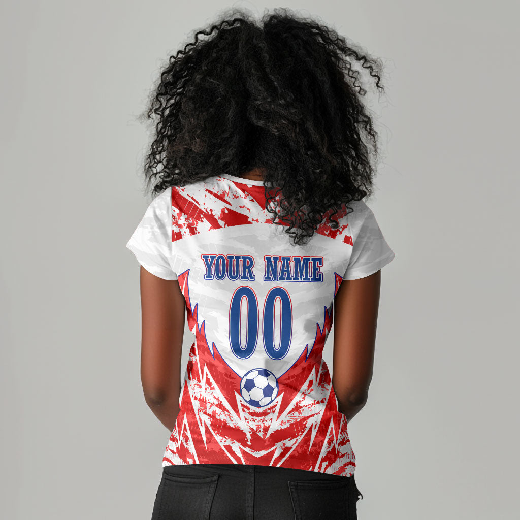 Custom Haiti Football Champions Women V-Neck T-Shirt Haitian Soccer Fan - Tanbou Drums Tropical Flowers