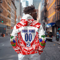 Custom Haiti Football Champions Zip Hoodie Haitian Soccer Fan - Tanbou Drums Tropical Flowers