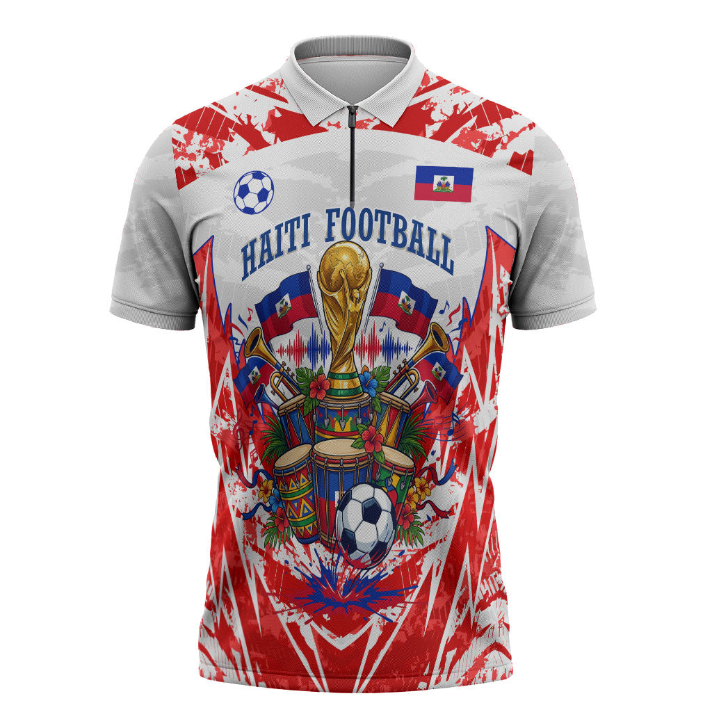Custom Haiti Football Champions Zipper Polo Shirt Haitian Soccer Fan - Tanbou Drums Tropical Flowers