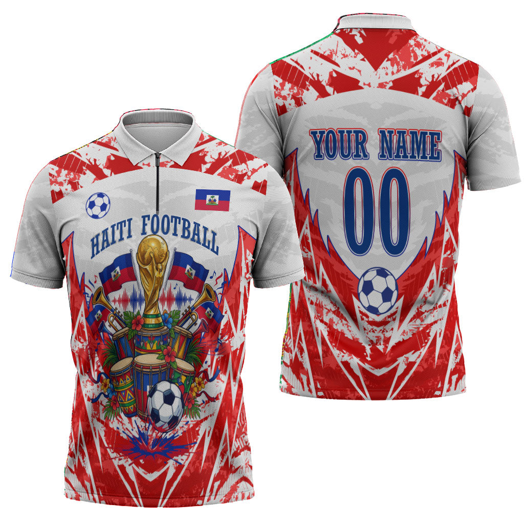 Custom Haiti Football Champions Zipper Polo Shirt Haitian Soccer Fan - Tanbou Drums Tropical Flowers
