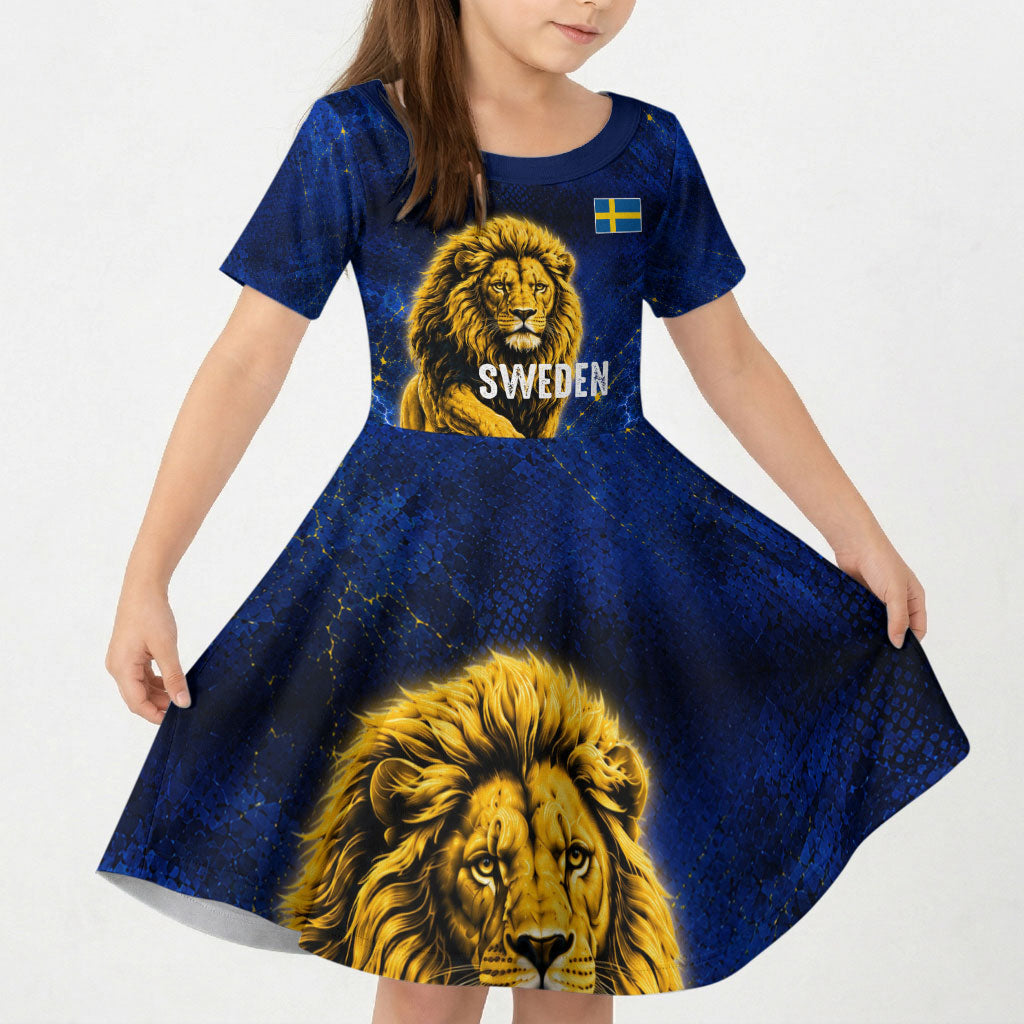 Personalized Sweden Football Lion Kid Short Sleeve Dress Electric Lightning Mascot
