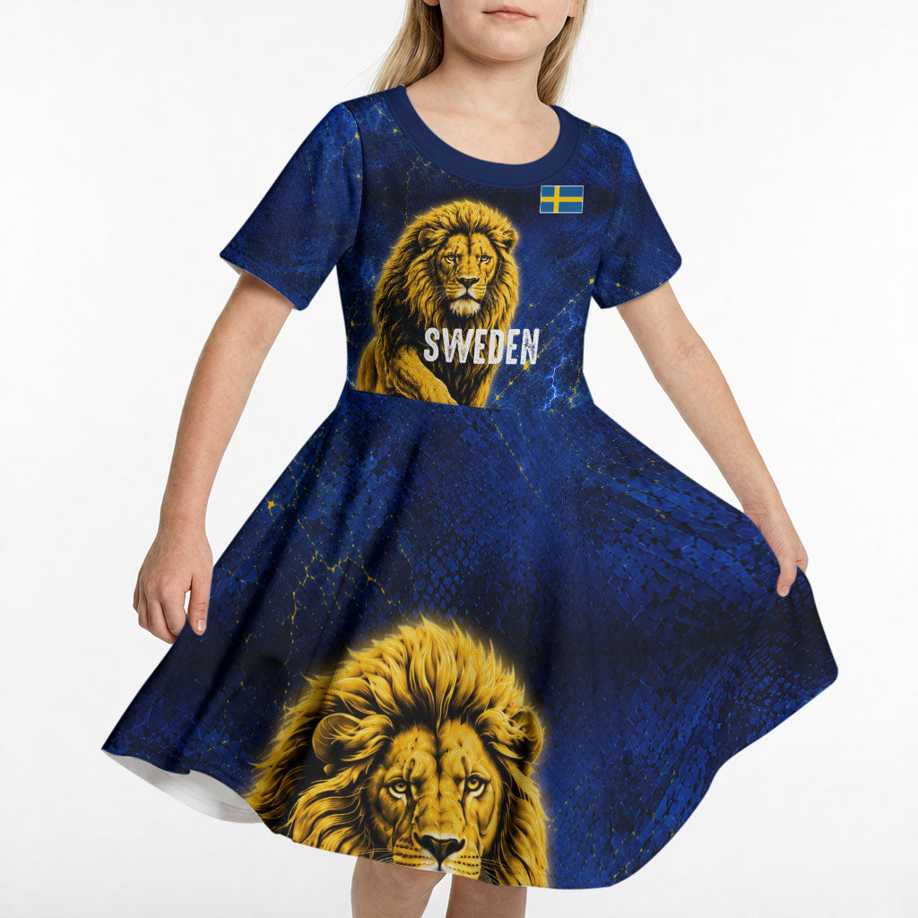 Personalized Sweden Football Lion Kid Short Sleeve Dress Electric Lightning Mascot
