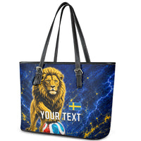 Personalized Sweden Football Lion Leather Tote Bag Electric Lightning Mascot