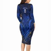 Personalized Sweden Football Lion Long Sleeve Bodycon Dress Electric Lightning Mascot
