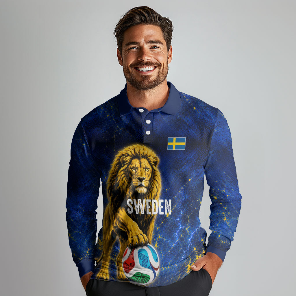 Personalized Sweden Football Lion Long Sleeve Polo Shirt Electric Lightning Mascot