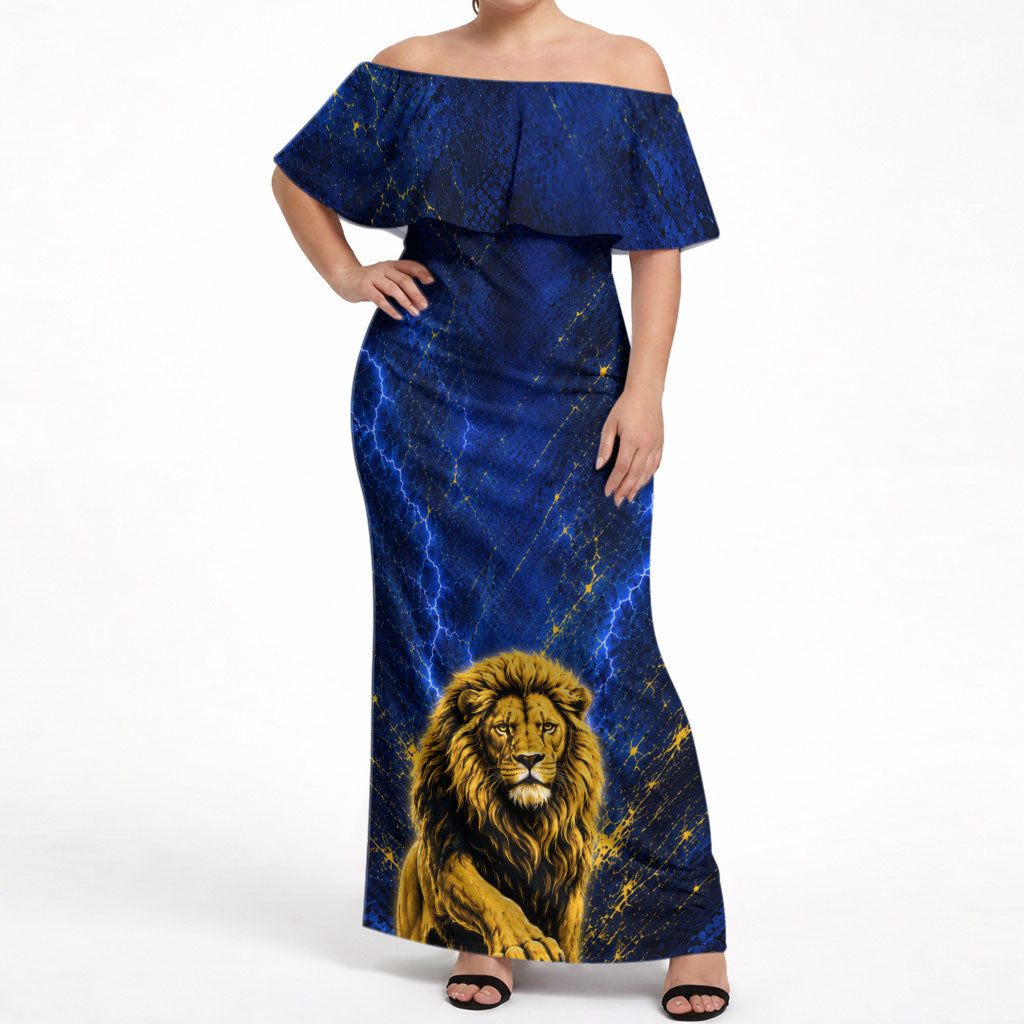 Personalized Sweden Football Lion Off Shoulder Maxi Dress Electric Lightning Mascot